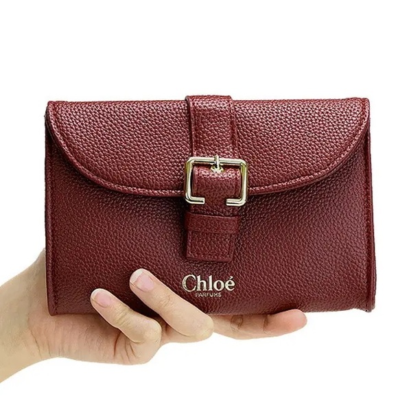 CHLOE Burgundy Pebbled Leather Wallet with Gold Buckle - Picture 3 of 5
